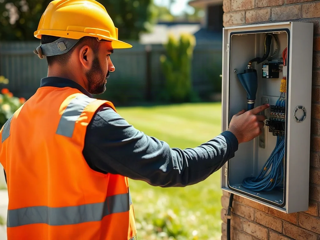Elektryk w kasku i kamizelce odblaskowej wykonuje prace przy otwartej skrzynce elektrycznej w ogrodzie.