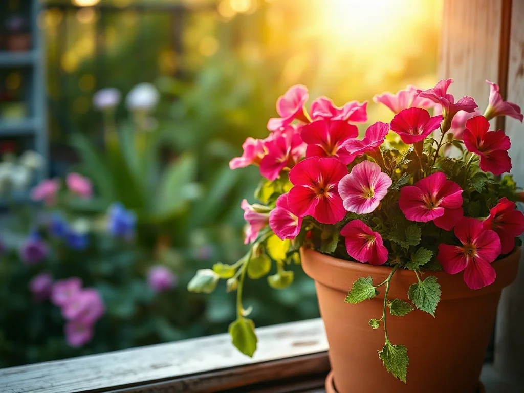 Kolorowe petunie i pelargonie w terakotowej donicy na słonecznym, drewnianym parapecie w ogrodzie.